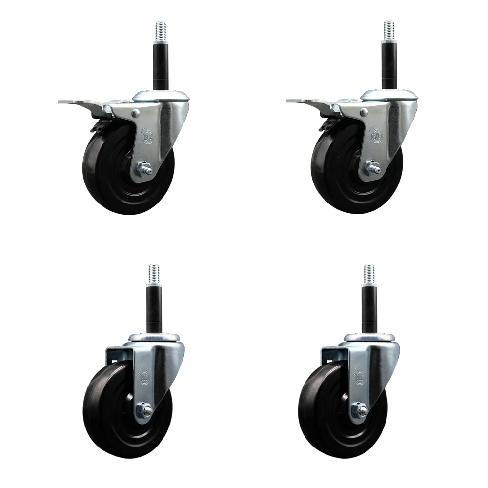 Stainless Steel Soft Rubber Swivel Expanding Stem Caster Set of 4 with 4 Inch Black Wheels and 3/4" Stems - Includes 2 with Total Locking Brakes - 800 lbs Total Capacity - Service Caster Brand — photo 1