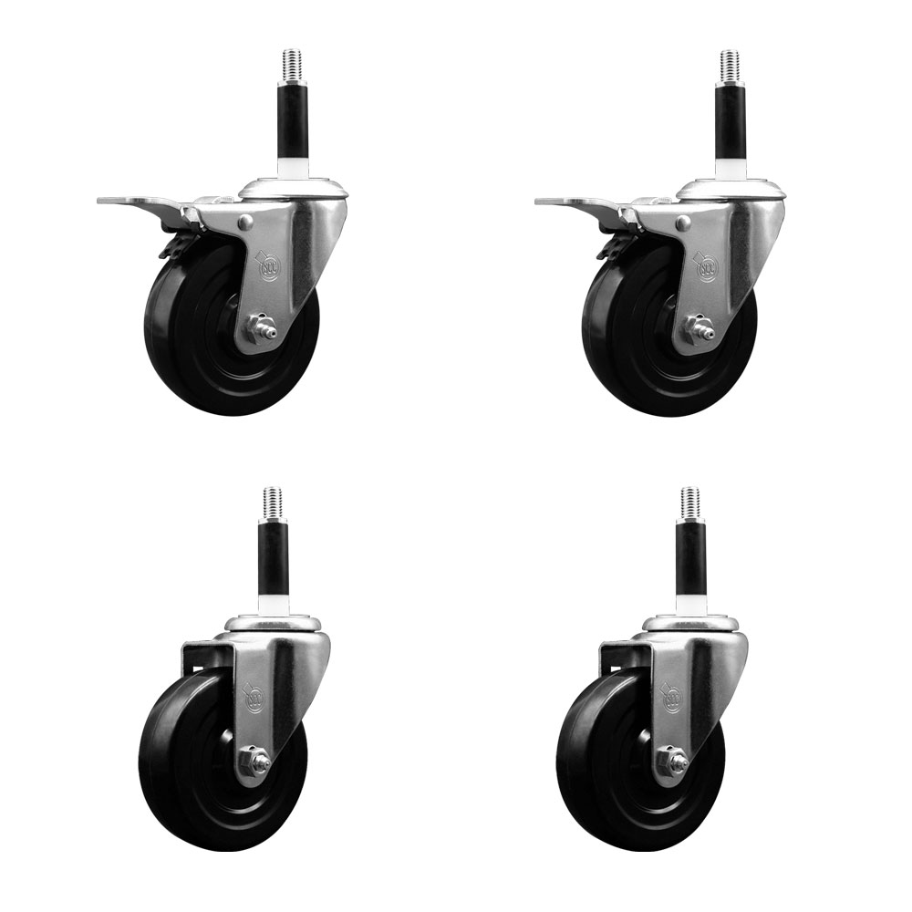 Stainless Steel Soft Rubber Swivel Expanding Stem Caster Set of 4 with 4 Inch Black Wheels and 7/8" Stems - Includes 2 with Total Locking Brakes - 800 lbs Total Capacity - Service Caster Brand — photo 1