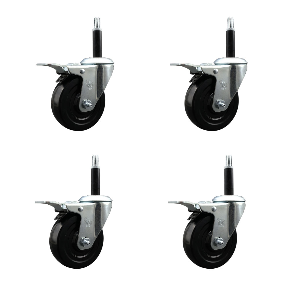Stainless Steel Hard Rubber Swivel Expanding Stem Caster Set of 4 w/4" x 1.25" Black Wheels and 3/4" Stems - Includes 4 with Total Lock Brakes - 1200 lbs Total Capacity - Service Caster Brand — photo 1