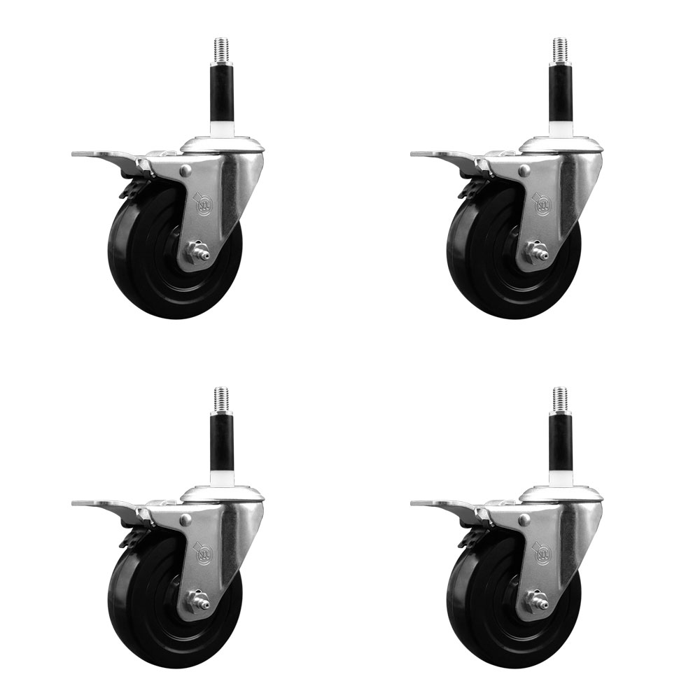 Soft Rubber Swivel Expanding Stem Caster Set of 4 with 4 Inch Black Wheels and 7/8" Stems - Includes 4 Swivel with Total Locking Brakes - 200 lbs. Capacity Per Caster - Service Caster Brand — photo 1