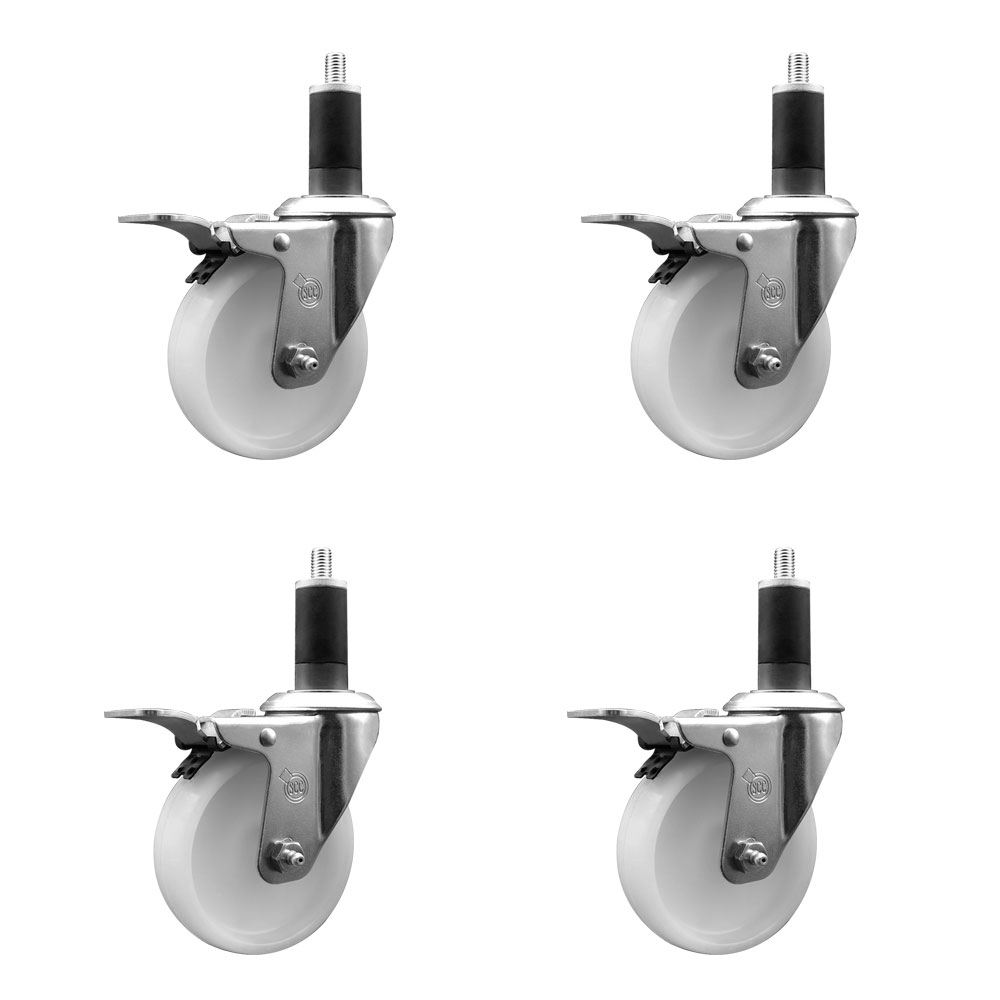 Stainless Steel Nylon Swivel Expanding Stem Caster Set of 4 with 4 Inch White Wheels and 1-1/4" Stems  - Includes 4 Swivel with Total Lock Brakes - 1200 lbs. Total Capacity - Service Caster Brand — photo 1