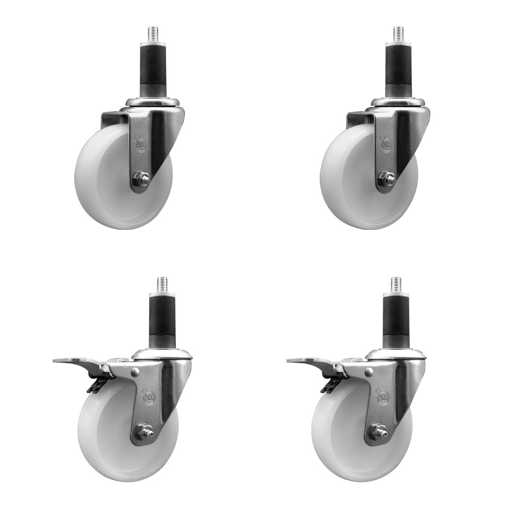 Stainless Steel Nylon Swivel Expanding Stem Caster Set of 4 with 4 Inch White Wheels and 1-1/4" Stems - Includes 2 Swivel with Total Locking Brakes - 1200 lbs. Total Capacity - Service Caster Brand — photo 1