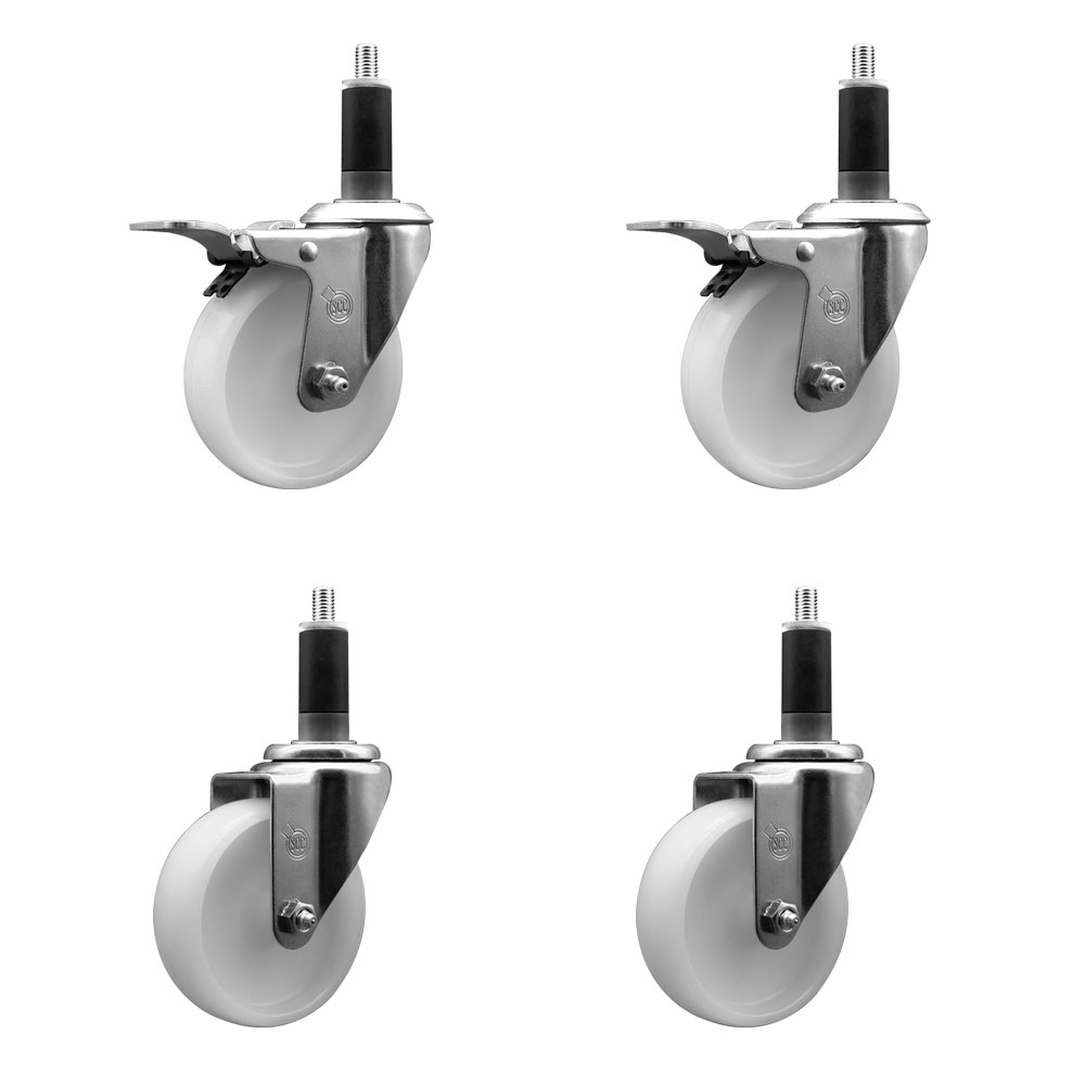 Stainless Steel Nylon Swivel Expanding Stem Caster Set of 4 with 4 Inch White Wheels and 1-1/8" Stems - Includes 2 Swivel with Total Locking Brakes - 1200 lbs. Total Capacity - Service Caster Brand — photo 1