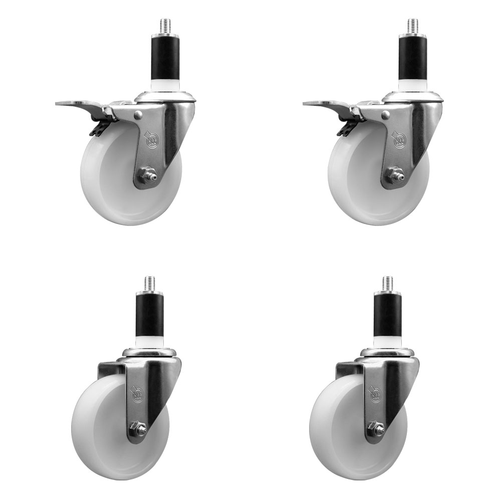 Nylon Swivel Expanding Stem Caster Set of 4 with 4 Inch White Wheel and 1-3/8" Stems  - Includes 2 Swivel with Total Locking Brakes and 2 Swivel - 1200 lbs. Total Capacity - Service Caster Brand — photo 1