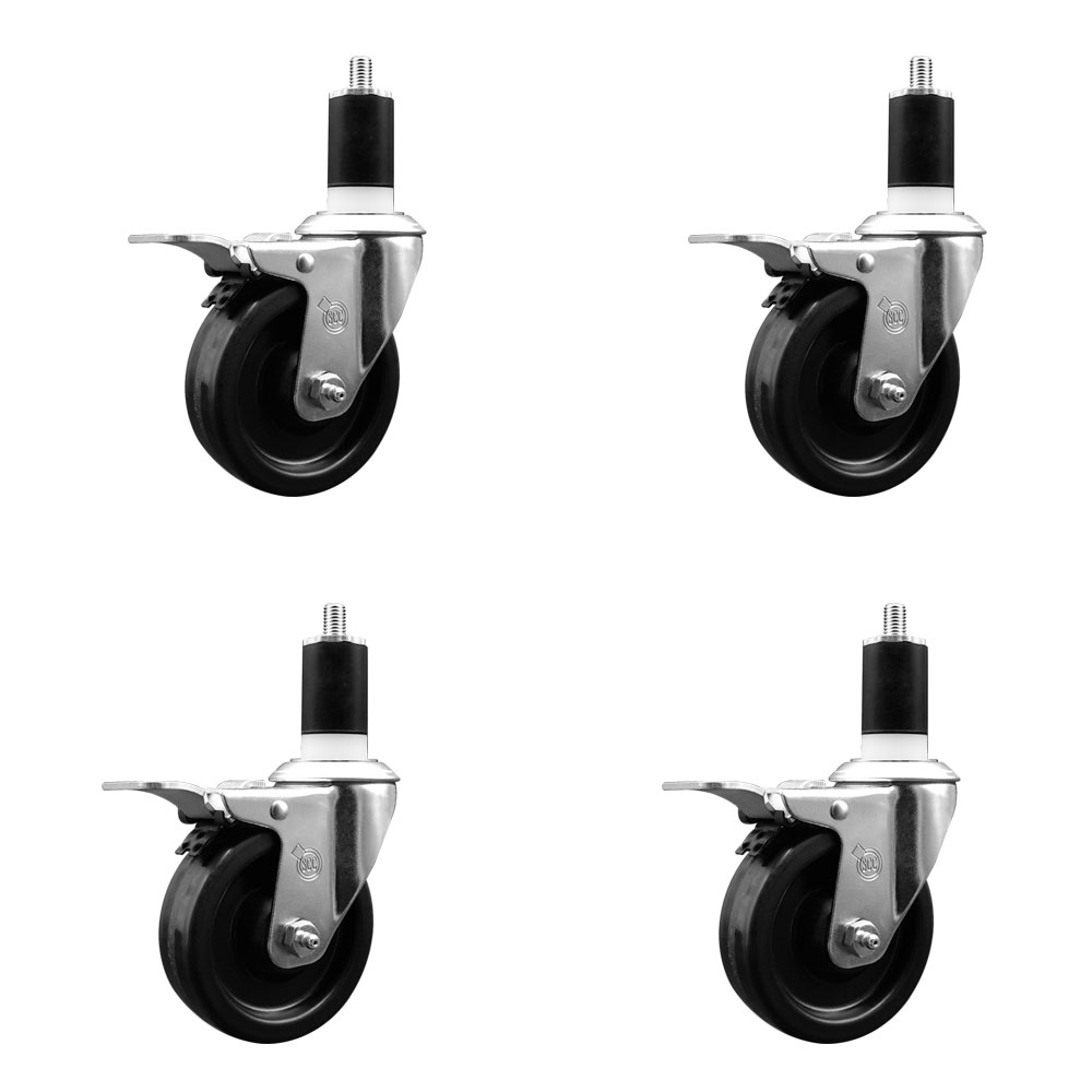 Phenolic Swivel Expanding Stem Caster Set of 4 with Roller Bearings - 4" x 1.25" Black Wheels and 1-1/2" Stems - Includes 4 with Total Lock Brakes - 1200 lbs Total Capacity - Service Caster Brand — photo 1