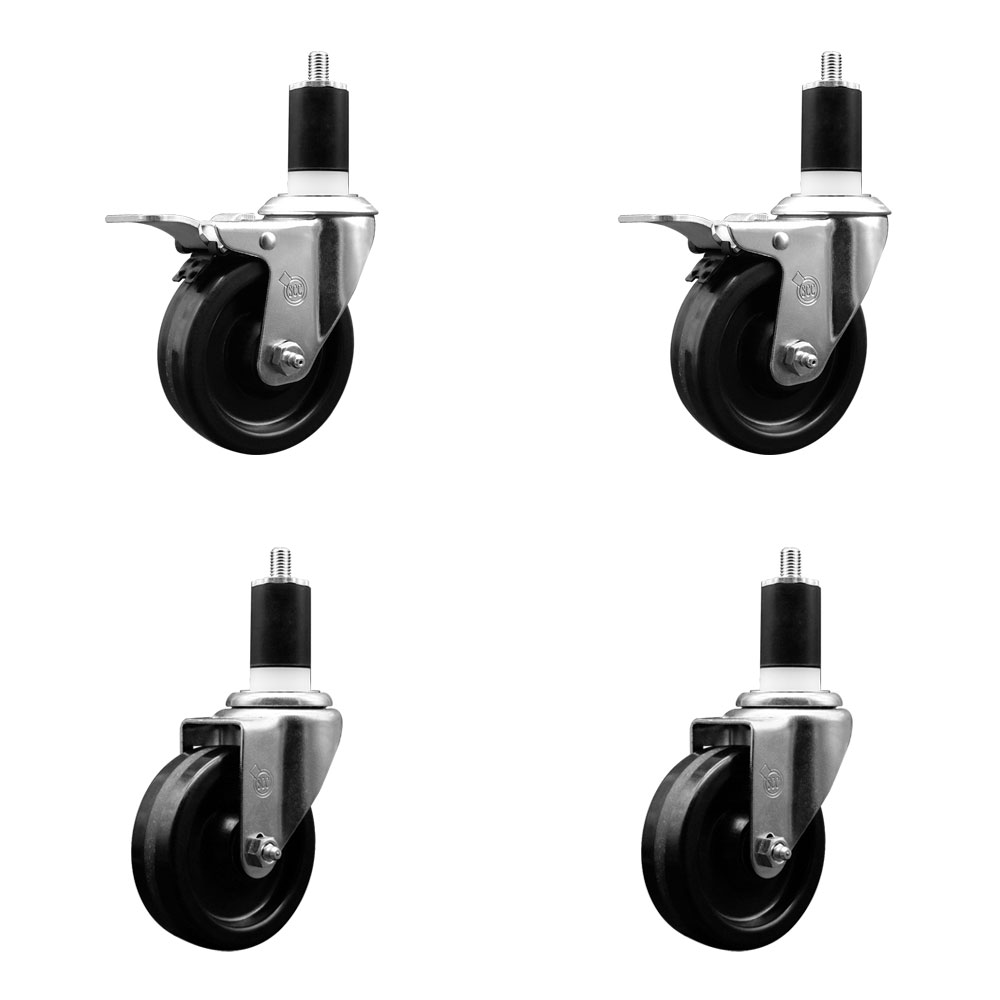 Phenolic Swivel Expanding Stem Caster Set of 4 with 4 Inch Black Wheels and 1-1/2" Stems - Includes 2 with Total Locking Brakes - 1200 lbs Total Capacity - Service Caster Brand — photo 1