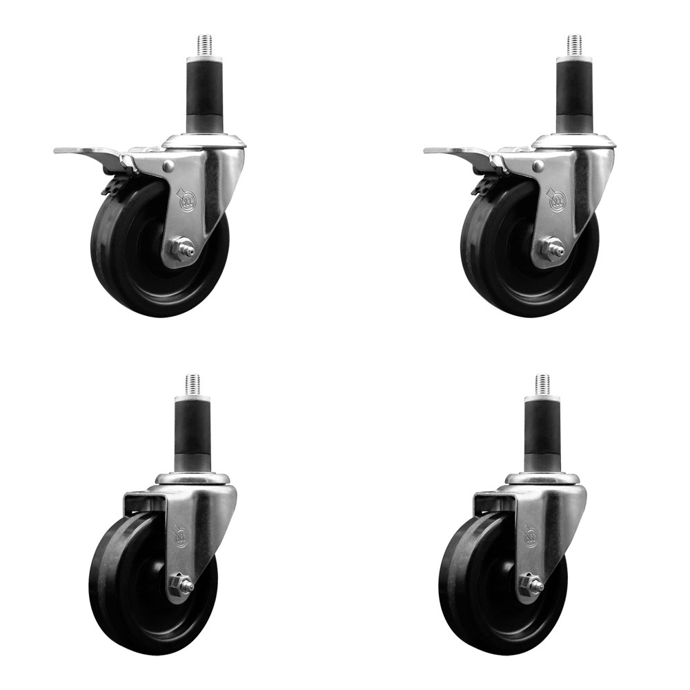 Phenolic Swivel Expanding Stem Caster Set of 4 w/Roller Bearings - 4" x 1.25" Black Wheels and 1-1/4" Stems - Includes 2 with Total Locking Brakes - 1200 lbs Total Capacity - Service Caster Brand — photo 1