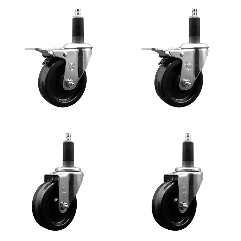 Phenolic Swivel Expanding Stem Caster Set of 4 w/Roller Bearings - 4" x 1.25" Black Wheels and 1-1/8" Stems - Includes 2 with Total Locking Brakes - 1200 lbs Total Capacity - Service Caster Brand — photo 1