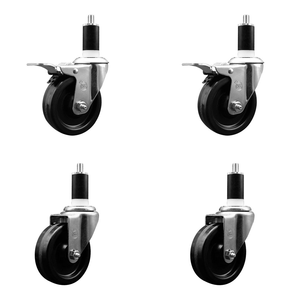 Phenolic Swivel Expanding Stem Caster Set of 4 w/Roller Bearings - 4" x 1.25" Black Wheels and 1-3/8" Stems - Includes 2 with Total Locking Brakes - 1200 lbs Total Capacity - Service Caster Brand — photo 1