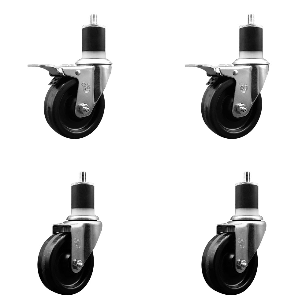 Phenolic Swivel Expanding Stem Caster Set of 4 with 4 Inch Black Wheels and 1-7/8" Stems - Includes 2 with Total Locking Brakes - 1200 lbs Total Capacity - Service Caster Brand — photo 1
