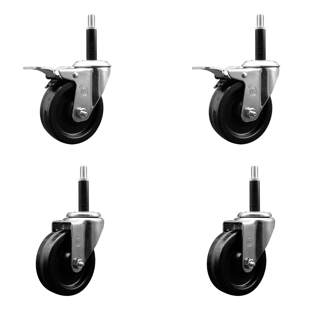 Phenolic Swivel Expanding Stem Caster Set of 4 w/Roller Bearings - 4" x 1.25" Black Wheels and 3/4" Stems - Includes 2 with Total Locking Brakes - 1200 lbs Total Capacity - Service Caster Brand — photo 1