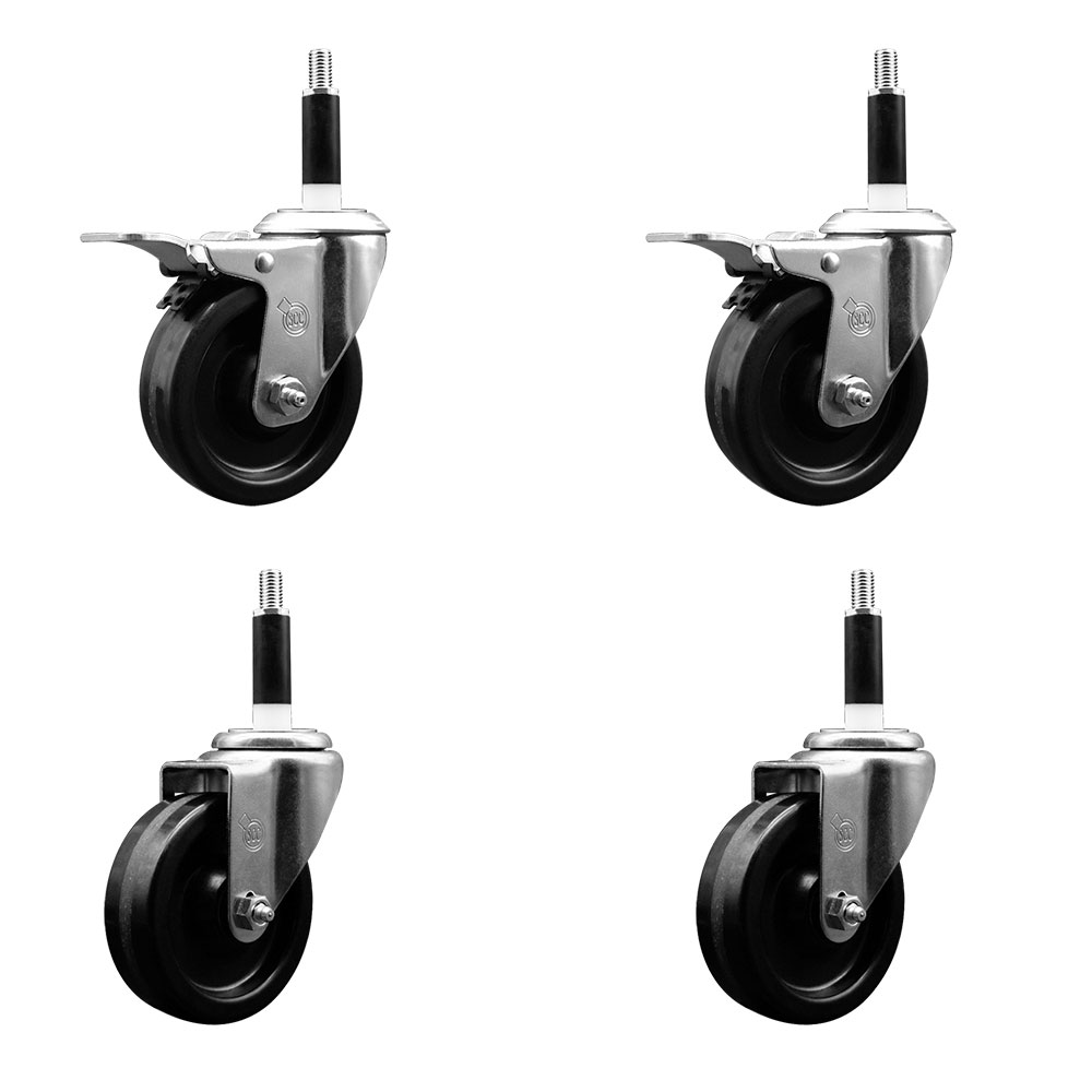 Phenolic Swivel Expanding Stem Caster Set of 4 w/Roller Bearings - 4" x 1.25" Black Wheels and 7/8" Stems - Includes 2 with Total Locking Brakes - 1200 lbs Total Capacity - Service Caster Brand — photo 1