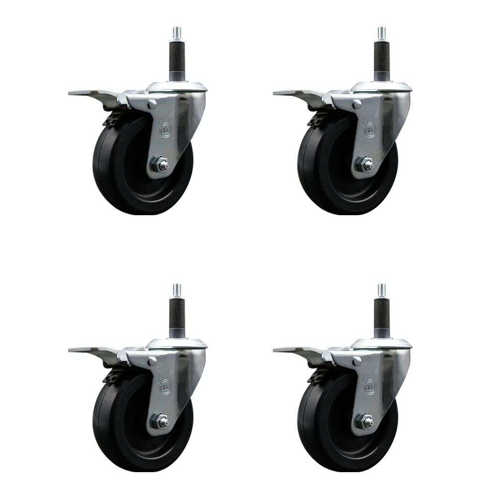 Polyolefin Swivel Expanding Stem Caster Wheels Set of 4 with 4 Inch Black Wheels and 1" Stems - Includes 4 Swivel with Total Lock Brakes - 1400 lbs. Total Capacity - Service Caster Brand — photo 1