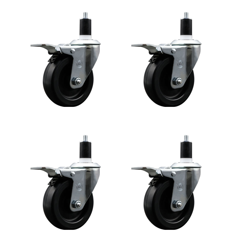 Polyolefin Swivel Expanding Stem Caster Wheels Set of 4 with 4 Inch Black Wheels and 1-1/2" Stems - Includes 4 Swivel with Total Lock Brakes - 1400 lbs. Total Capacity - Service Caster Brand — photo 1