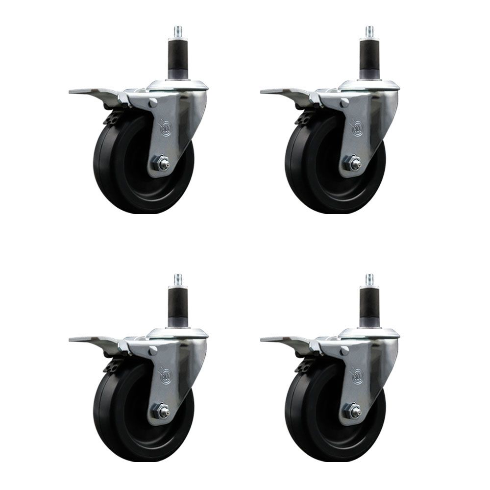Polyolefin Swivel Expanding Stem Caster Wheels Set of 4 with 4 Inch Black Wheels and 1-1/4" Stems - Includes 4 Swivel with Total Lock Brakes - 1400 lbs. Total Capacity - Service Caster Brand — photo 1