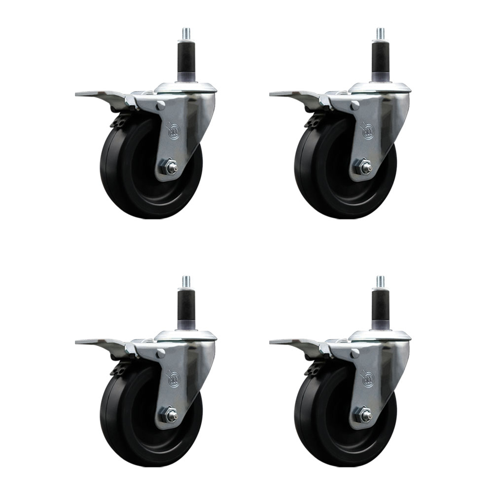 Polyolefin Swivel Expanding Stem Caster Wheels Set of 4 with 4 Inch Black Wheels and 1-1/8" Stems - Includes 4 Swivel with Total Lock Brakes - 1400 lbs. Total Capacity - Service Caster Brand — photo 1