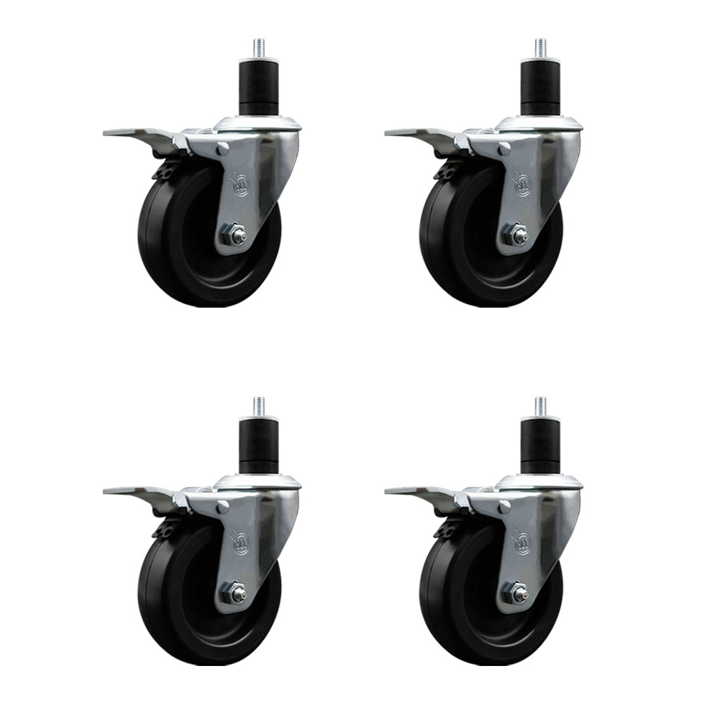 Polyolefin Swivel Expanding Stem Caster Wheels Set of 4 with 4 Inch Black Wheels and 1-3/4" Stems - Includes 4 Swivel with Total Lock Brakes - 1400 lbs. Total Capacity - Service Caster Brand — photo 1