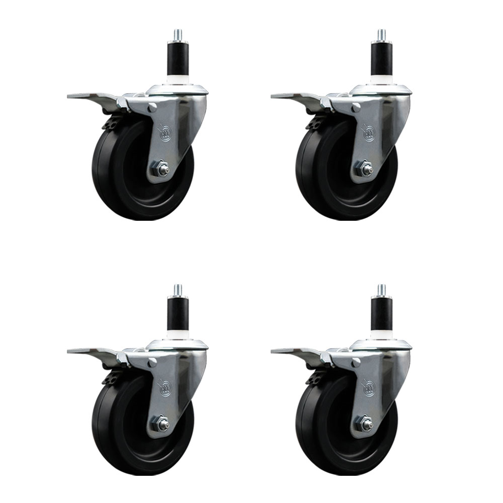 Polyolefin Swivel Expanding Stem Caster Wheels Set of 4 with 4 Inch Black Wheels and 1-3/8" Stems - Includes 4 Swivel with Total Lock Brakes - 1400 lbs. Total Capacity - Service Caster Brand — photo 1