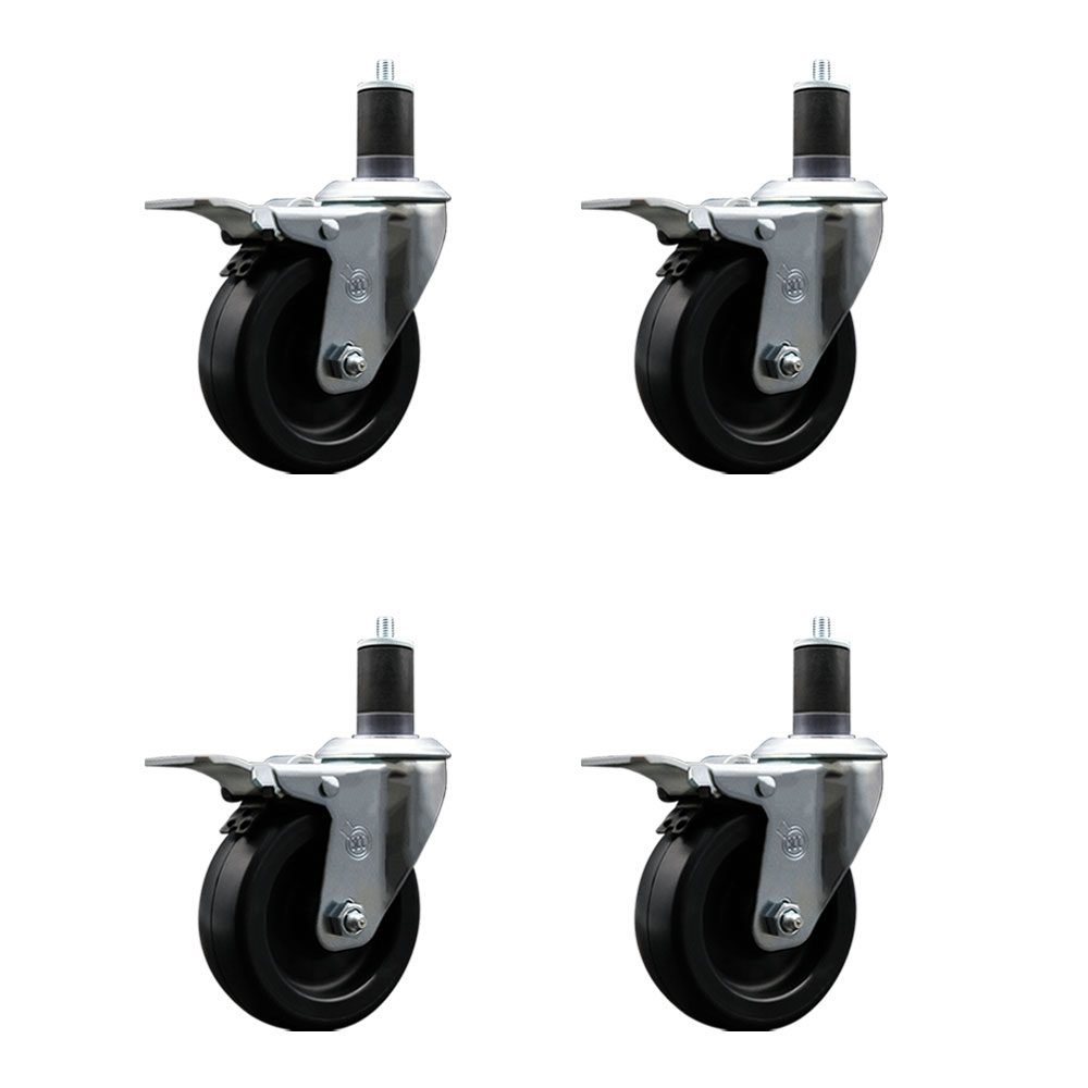 Polyolefin Swivel Expanding Stem Caster Wheels Set of 4 with 4 Inch Black Wheels and 1-5/8" Stems - Includes 4 Swivel with Total Lock Brakes - 1400 lbs. Total Capacity - Service Caster Brand — photo 1