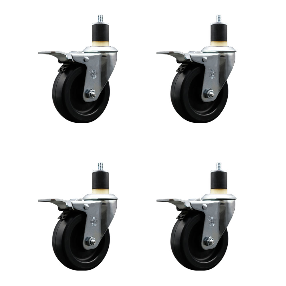 Polyolefin Swivel Expanding Stem Caster Wheels Set of 4 with 4 Inch Black Wheels and 1-7/8" Stems - Includes 4 Swivel with Total Lock Brakes - 1400 lbs. Total Capacity - Service Caster Brand — photo 1
