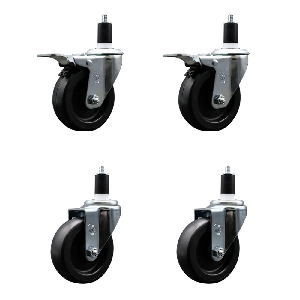 Polyolefin Swivel Expanding Stem Caster Wheels Set of 4 with 4 Inch Black Wheels and 1-1/2" Stems- Includes 2 Swivel with Total Lock Brakes and 2 Swivel-1400 lbs. Total Capacity - Service Caster Brand — photo 1