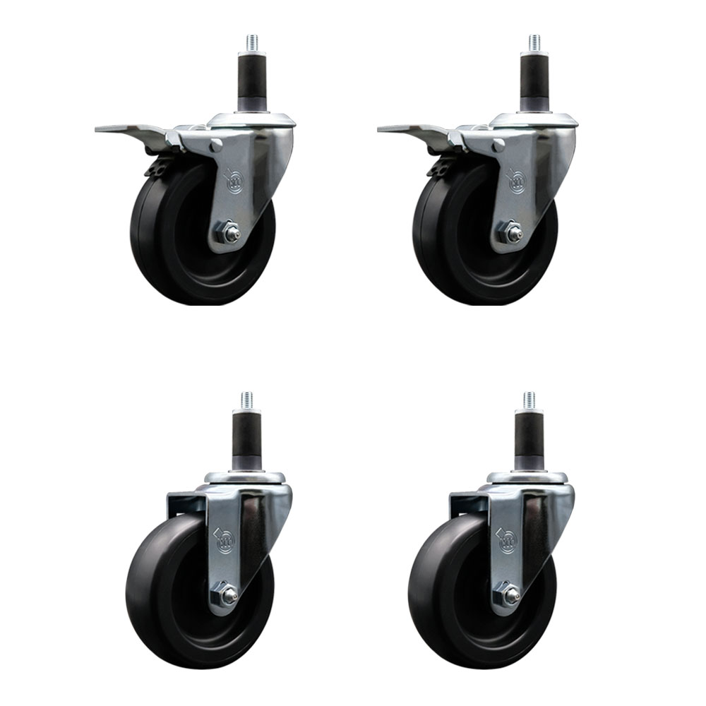 Polyolefin Swivel Expanding Stem Caster Wheels Set of 4 with 4 Inch Black Wheels and 1-1/4" Stems- Includes 2 Swivel with Total Lock Brakes and 2 Swivel-1400 lbs. Total Capacity - Service Caster Brand — photo 1