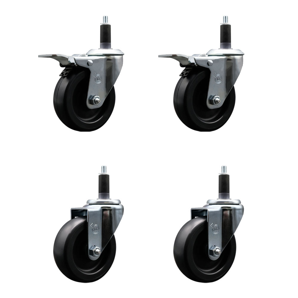 Polyolefin Swivel Expanding Stem Caster Wheels Set of 4 with 4 Inch Black Wheels and 1-1/8" Stems- Includes 2 Swivel with Total Lock Brakes and 2 Swivel-1400 lbs. Total Capacity - Service Caster Brand — photo 1