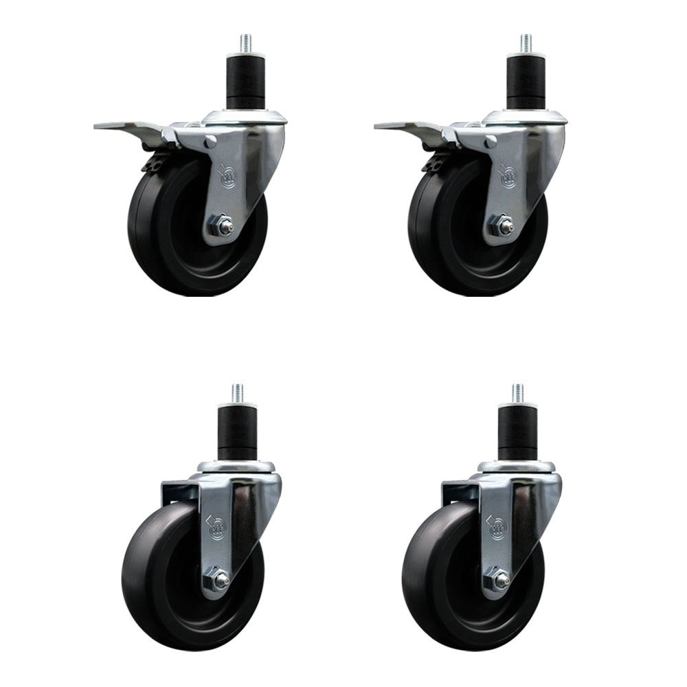 Polyolefin Swivel Expanding Stem Caster Wheels Set of 4 with 4 Inch Black Wheels and 1-3/4" Stems- Includes 2 Swivel with Total Lock Brakes and 2 Swivel-1400 lbs. Total Capacity - Service Caster Brand — photo 1