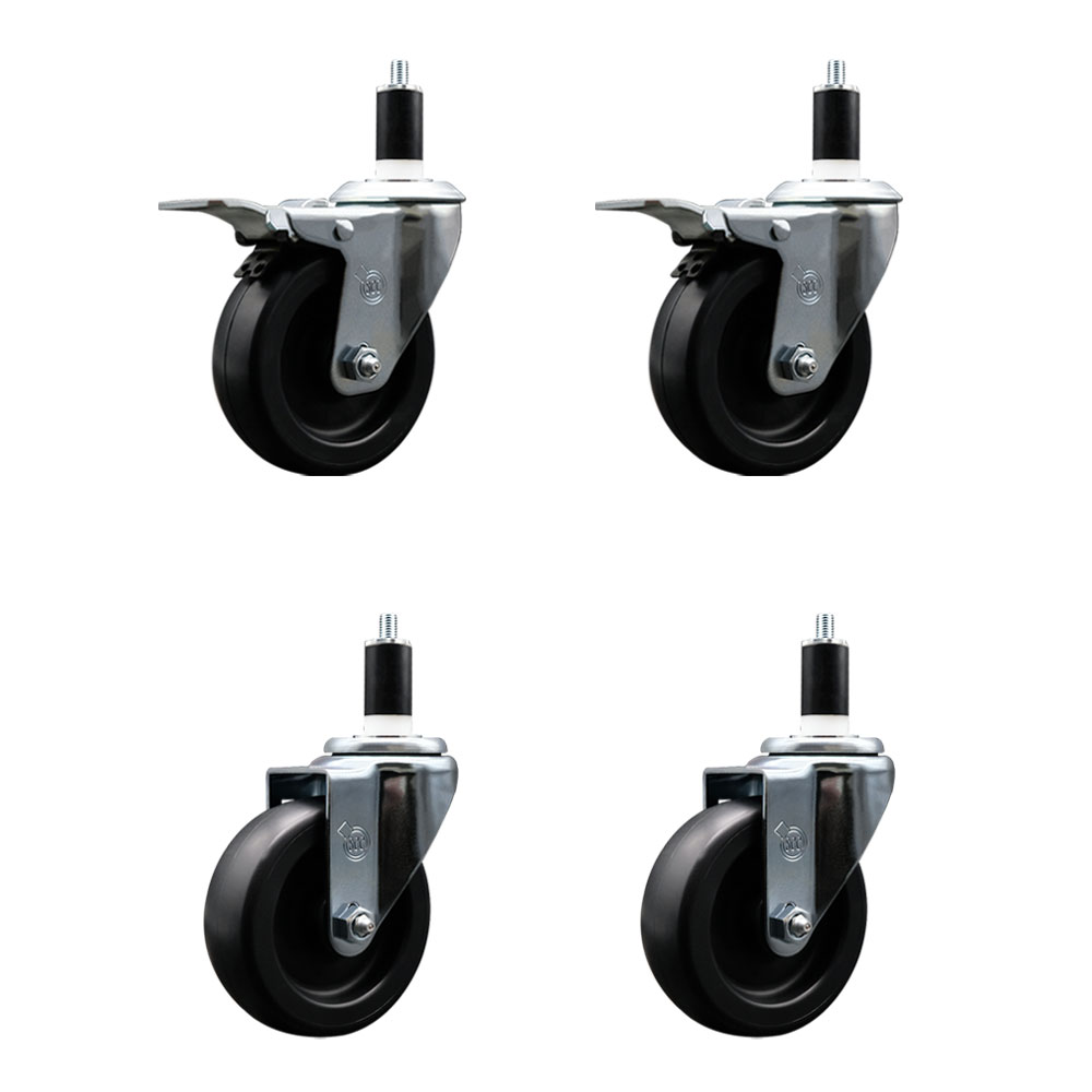 Polyolefin Swivel Expanding Stem Caster Wheels Set of 4 with 4 Inch Black Wheels and 1-3/8" Stems- Includes 2 Swivel with Total Lock Brakes and 2 Swivel-1400 lbs. Total Capacity - Service Caster Brand — photo 1
