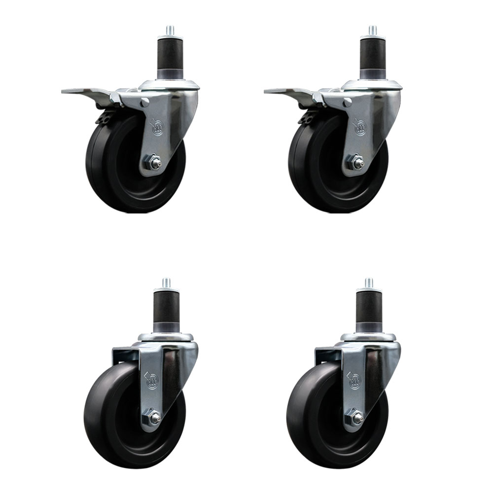 Polyolefin Swivel Expanding Stem Caster Wheels Set of 4 with 4 Inch Black Wheels and 1-5/8" Stems- Includes 2 Swivel with Total Lock Brakes and 2 Swivel-1400 lbs. Total Capacity - Service Caster Brand — photo 1