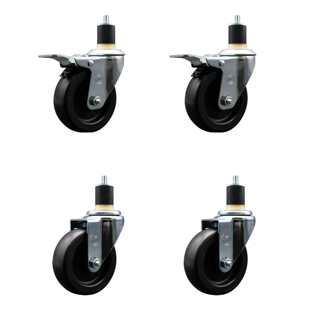 Polyolefin Swivel Expanding Stem Caster Wheels Set of 4 with 4 Inch Black Wheels and 1-7/8" Stems- Includes 2 Swivel with Total Lock Brakes and 2 Swivel-1400 lbs. Total Capacity - Service Caster Brand — photo 1