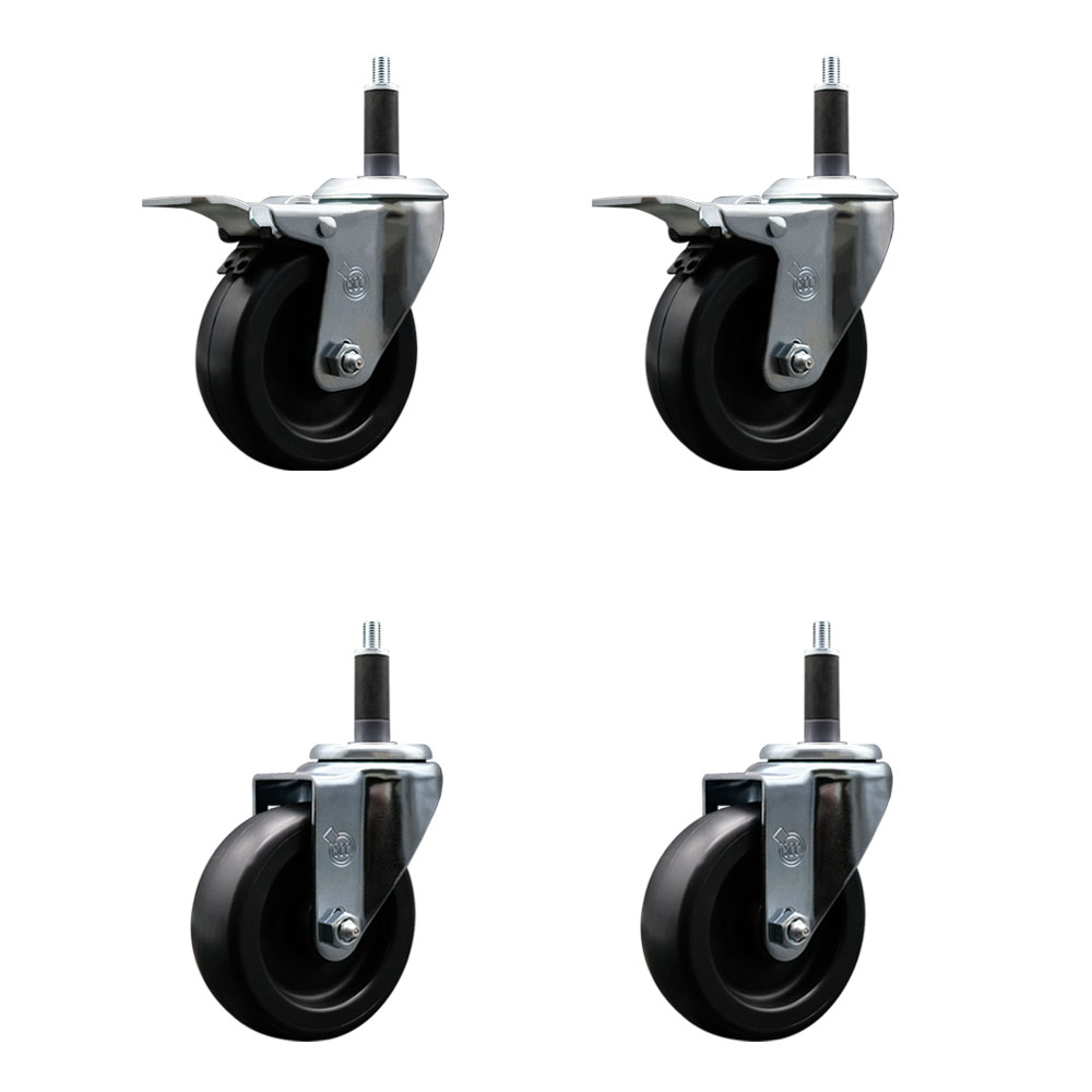 Polyolefin Swivel Expanding Stem Caster Wheels Set of 4 with 4 Inch Black Wheels and 1" Stems- Includes 2 Swivel with Total Lock Brakes and 2 Swivel-1400 lbs. Total Capacity - Service Caster Brand — photo 1