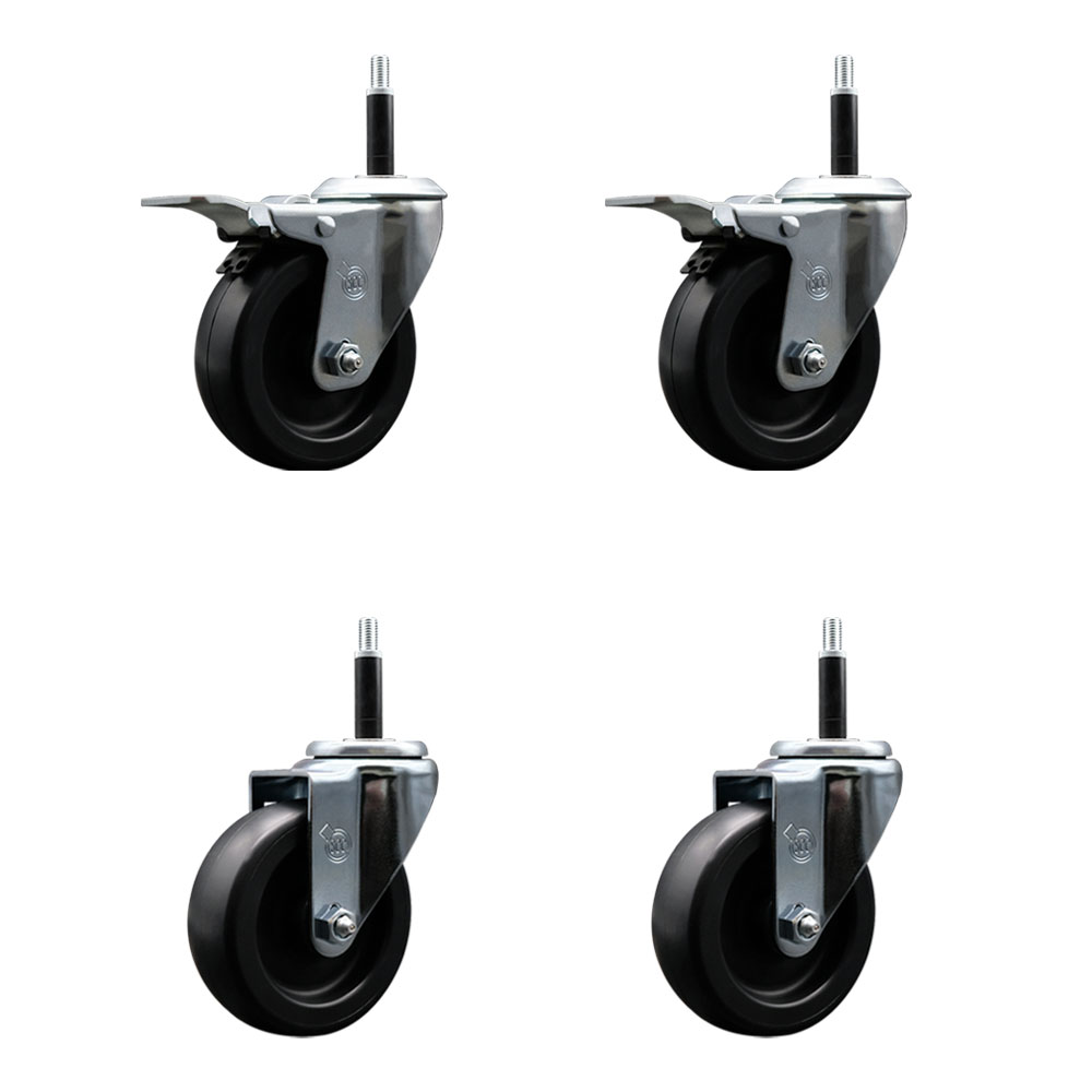 Polyolefin Swivel Expanding Stem Caster Wheels Set of 4 with 4 Inch Black Wheels and 3/4" Stems- Includes 2 Swivel with Total Lock Brakes and 2 Swivel-1400 lbs. Total Capacity - Service Caster Brand — photo 1