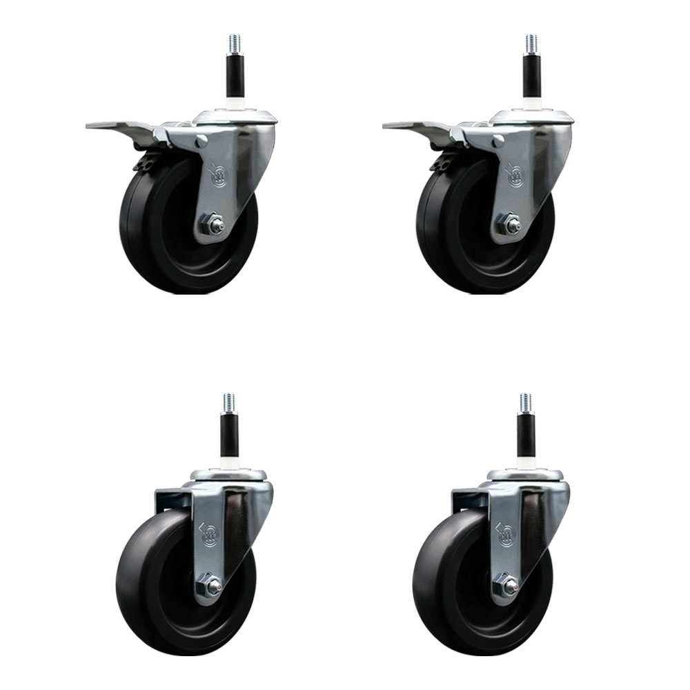 Polyolefin Swivel Expanding Stem Caster Wheels Set of 4 with 4 Inch Black Wheels and 7/8" Stems- Includes 2 Swivel with Total Lock Brakes and 2 Swivel-1400 lbs. Total Capacity - Service Caster Brand — photo 1
