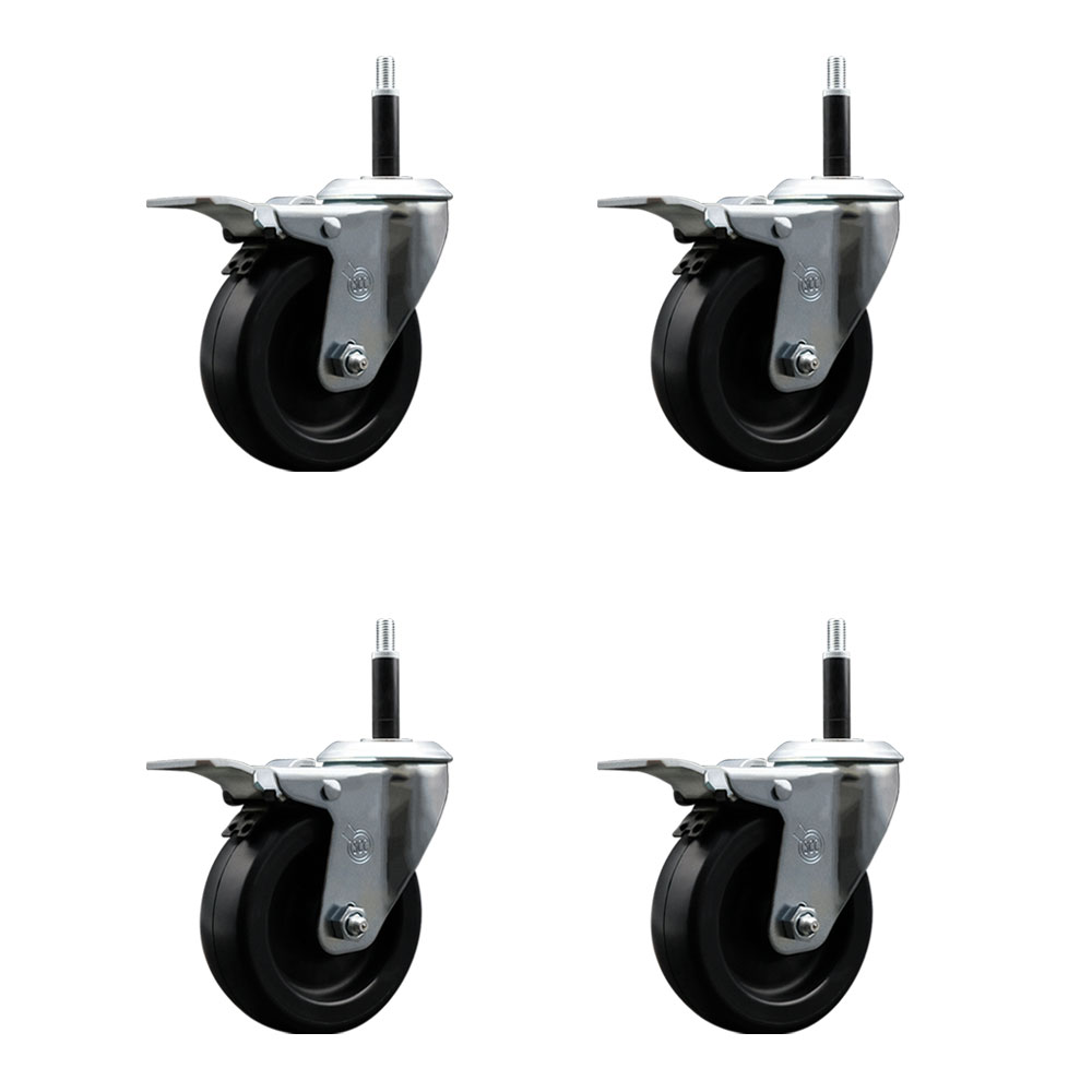Polyolefin Swivel Expanding Stem Caster Wheels Set of 4 with 4 Inch Black Wheels and 3/4" Stems - Includes 4 Swivel with Total Lock Brakes - 1400 lbs. Total Capacity - Service Caster Brand — photo 1