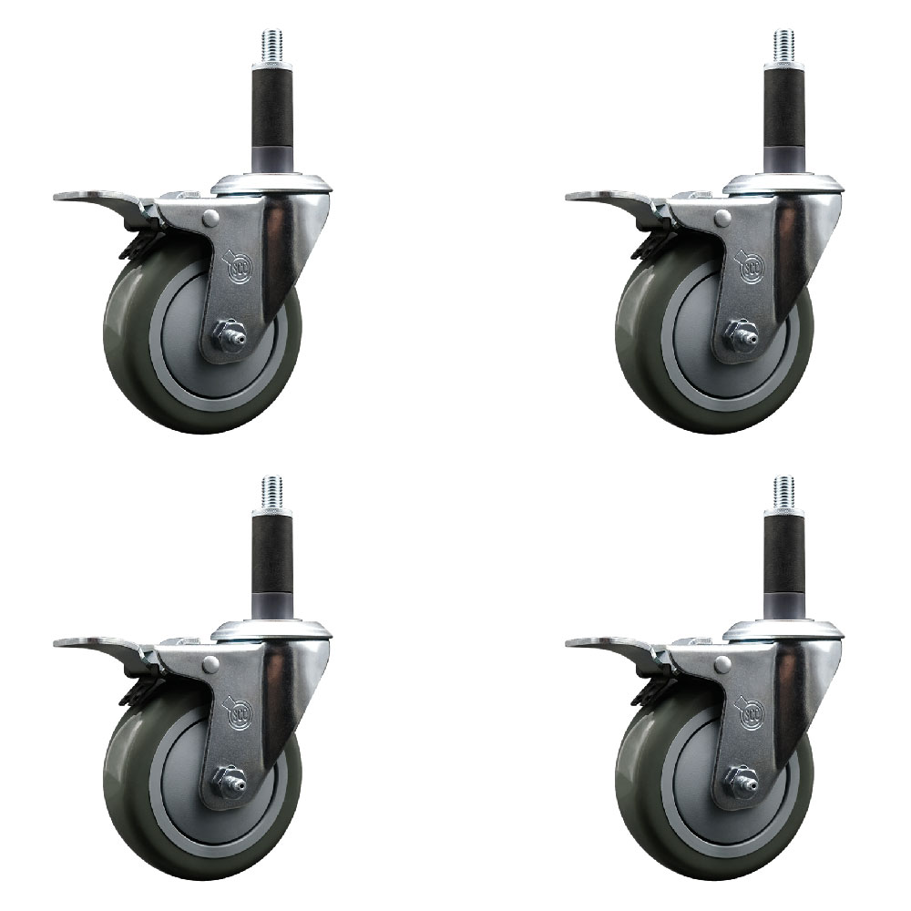 Polyurethane Swivel Expanding Stem Caster Set of 4 with 4 Inch Gray Wheels and 1" Stems - Includes 4 Swivel with Total Locking Brakes - 350 lbs. Capacity Per Caster - Service Caster Brand — photo 1