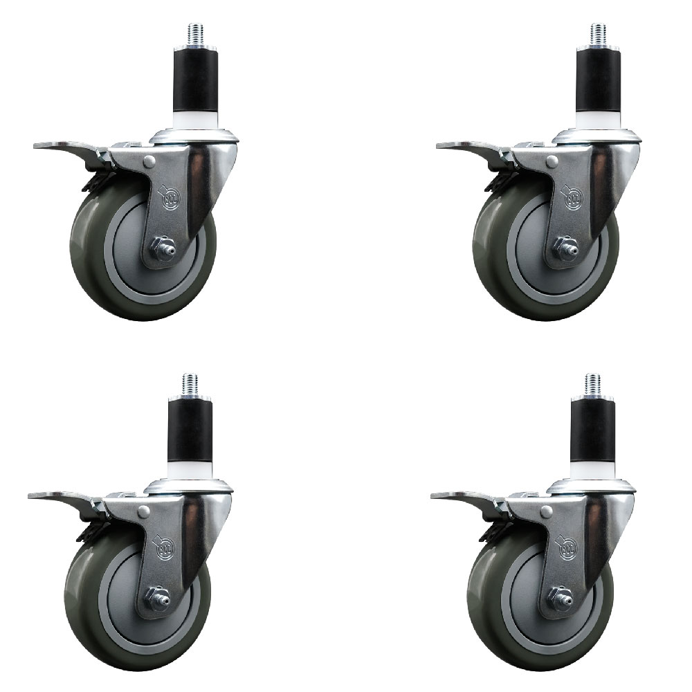 Stainless Steel Polyurethane Swivel Expanding Stem Caster Set of 4 with 4 Inch Gray Wheels and 1-1/2" Stems - 4 Swivel with Total Locking Brakes - 350 lbs. Capacity Per Caster - Service Caster Brand — photo 1