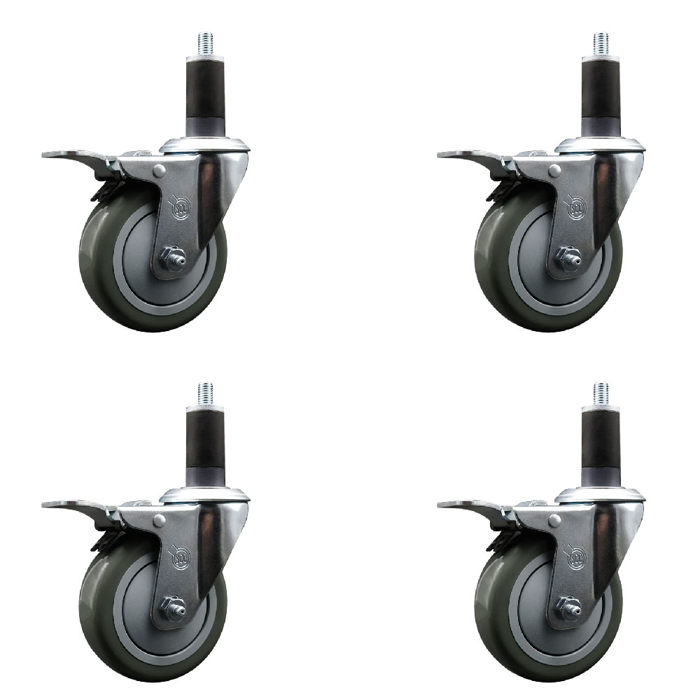 Polyurethane Swivel Expanding Stem Caster Set of 4 with 4 Inch Gray Wheels and 1-1/4" Stems - Includes 4 Swivel with Total Locking Brakes - 350 lbs. Capacity Per Caster - Service Caster Brand — photo 1