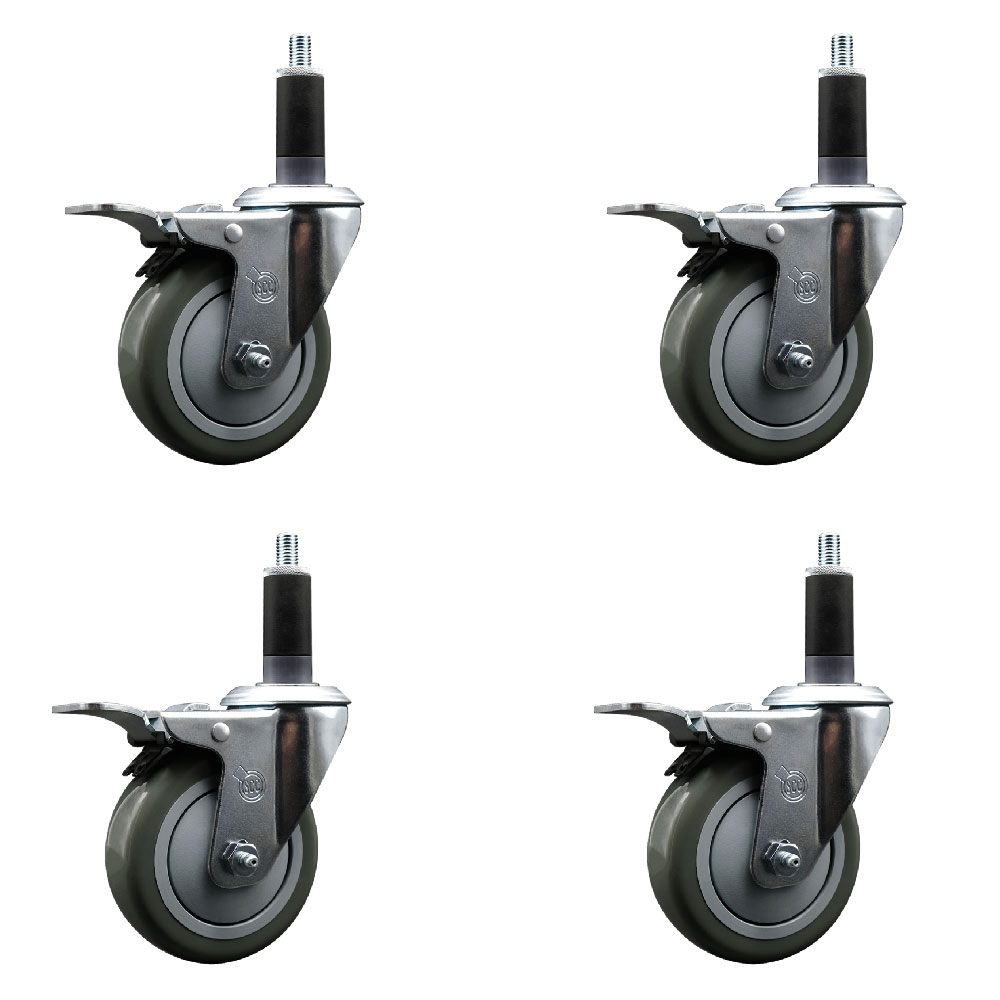 Polyurethane Swivel Expanding Stem Caster Set of 4 with 4 Inch Gray Wheels and 1-1/8" Stems - Includes 4 Swivel with Total Locking Brakes - 350 lbs. Capacity Per Caster - Service Caster Brand — photo 1