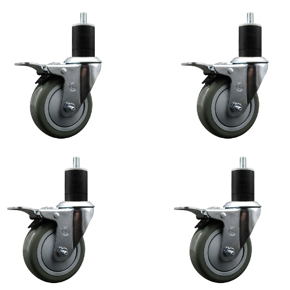 Stainless Steel Polyurethane Swivel Expanding Stem Caster Set of 4 with 4 Inch Gray Wheels and 1-3/4" Stems - 4 Swivel with Total Locking Brakes - 350 lbs. Capacity Per Caster - Service Caster Brand — photo 1