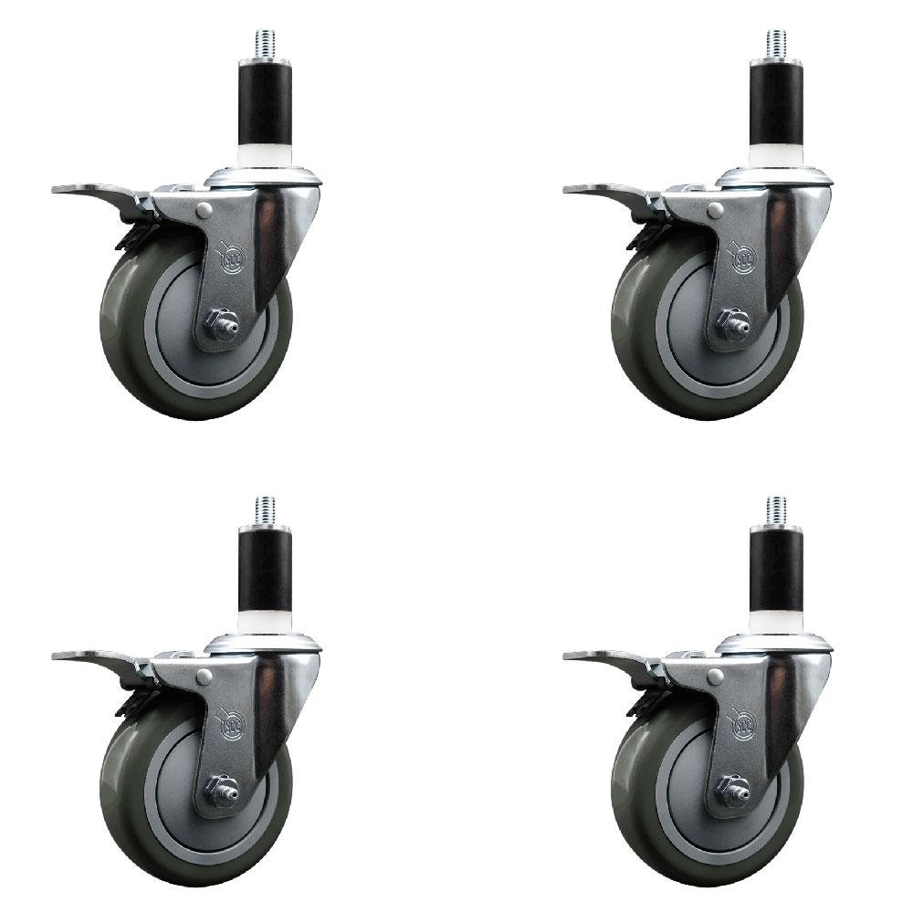 Polyurethane Swivel Expanding Stem Caster Set of 4 with 4 Inch Gray Wheels and 1-3/8" Stems - Includes 4 Swivel with Total Locking Brakes - 350 lbs. Capacity Per Caster - Service Caster Brand — photo 1