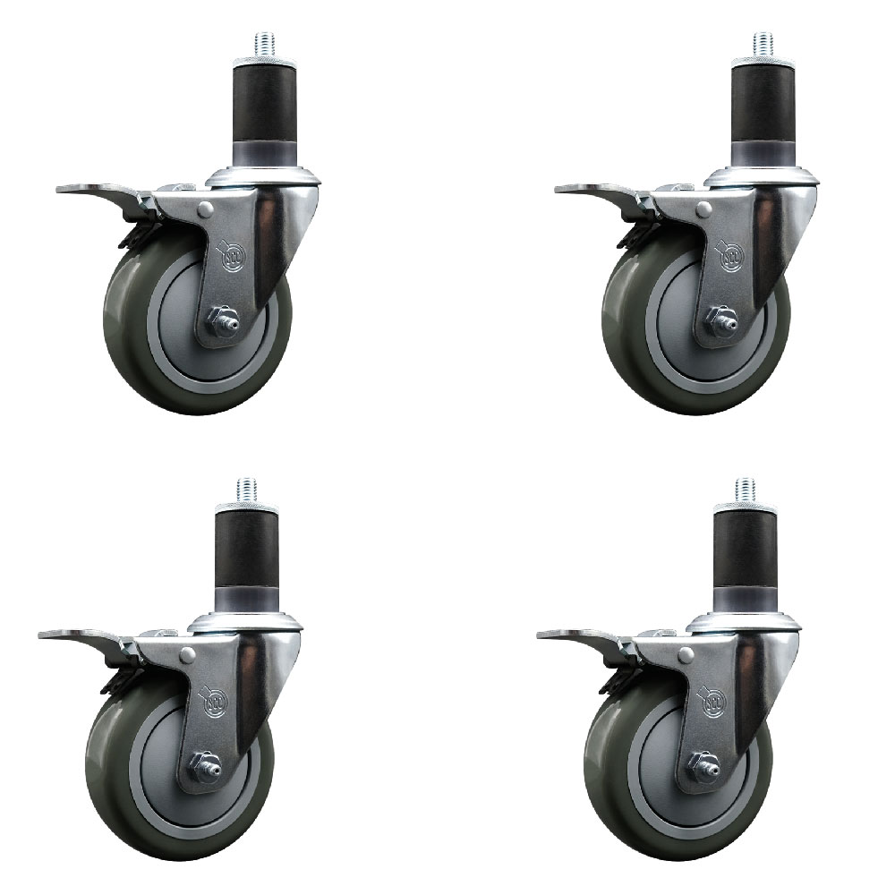 Polyurethane Swivel Expanding Stem Caster Set of 4 with 4 Inch Gray Wheels and 1-5/8" Stems - Includes 4 Swivel with Total Locking Brakes - 350 lbs. Capacity Per Caster - Service Caster Brand — photo 1