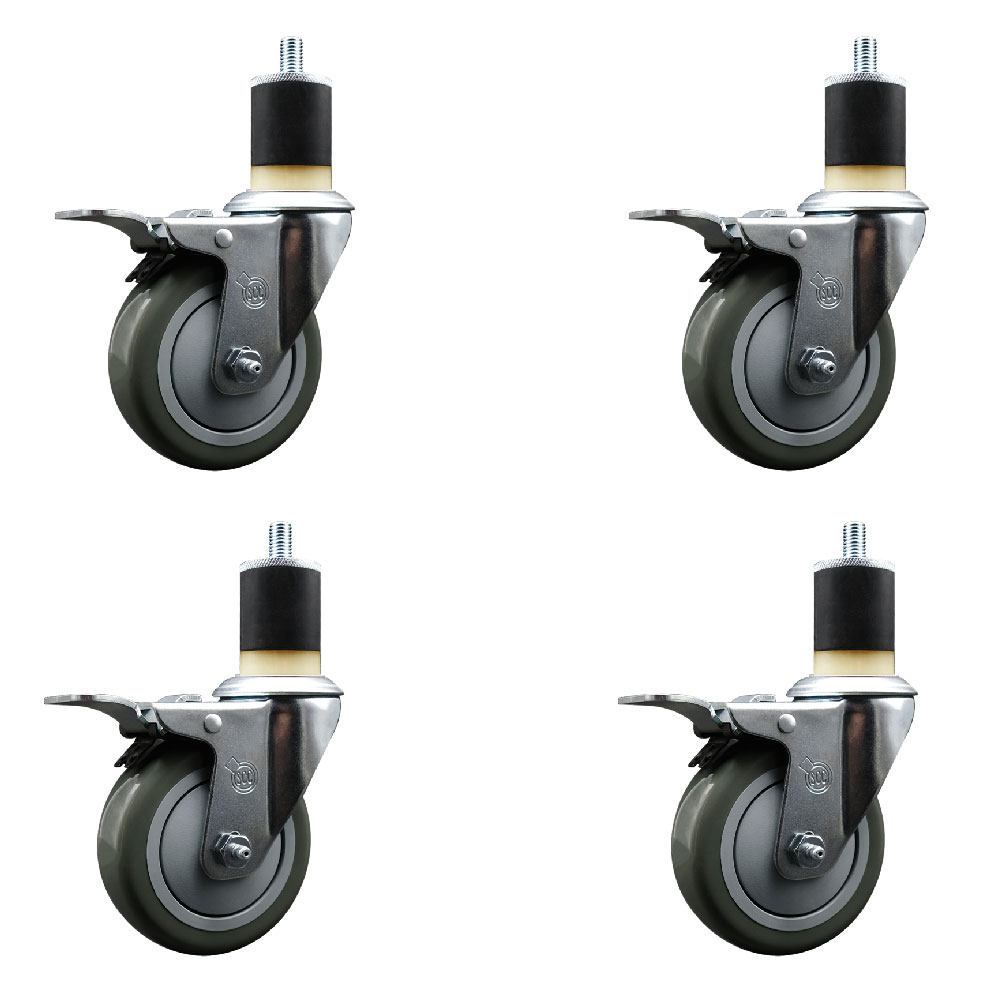 Stainless Steel Polyurethane Swivel Expanding Stem Caster Set of 4 with 4 Inch Gray Wheels and 1-7/8" Stems - 4 Swivel with Total Locking Brakes - 350 lbs. Capacity Per Caster - Service Caster Brand — photo 1