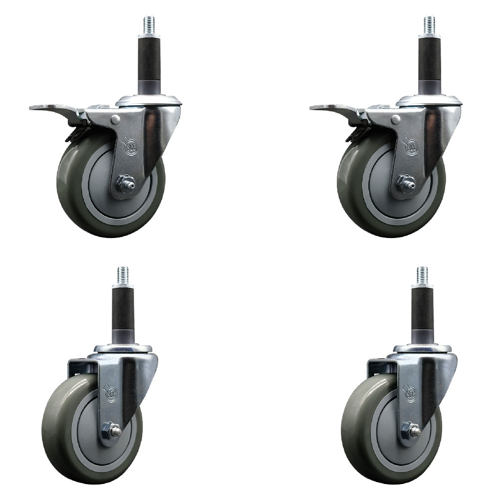 Stainless Steel Polyurethane Swivel Expanding Stem Caster Set of 4 with 4 Inch Gray Wheels and 1" Stems - Includes 2 with Total Locking Brakes - 1400 lbs Total Capacity - Service Caster Brand — photo 1