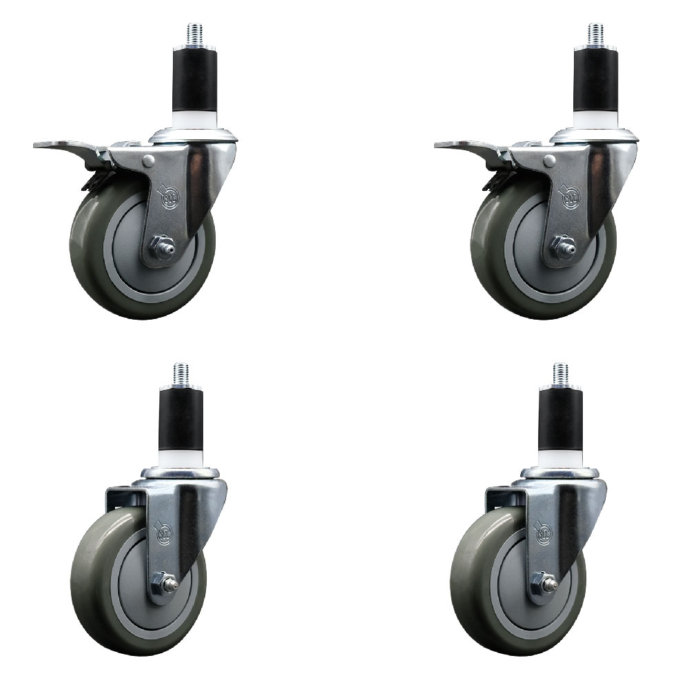 Stainless Steel Polyurethane Swivel Expanding Stem Caster Set of 4 with 4 Inch Gray Wheels and 1-1/2" Stems - Includes 2 with Total Locking Brakes - 1400 lbs Total Capacity - Service Caster Brand — photo 1