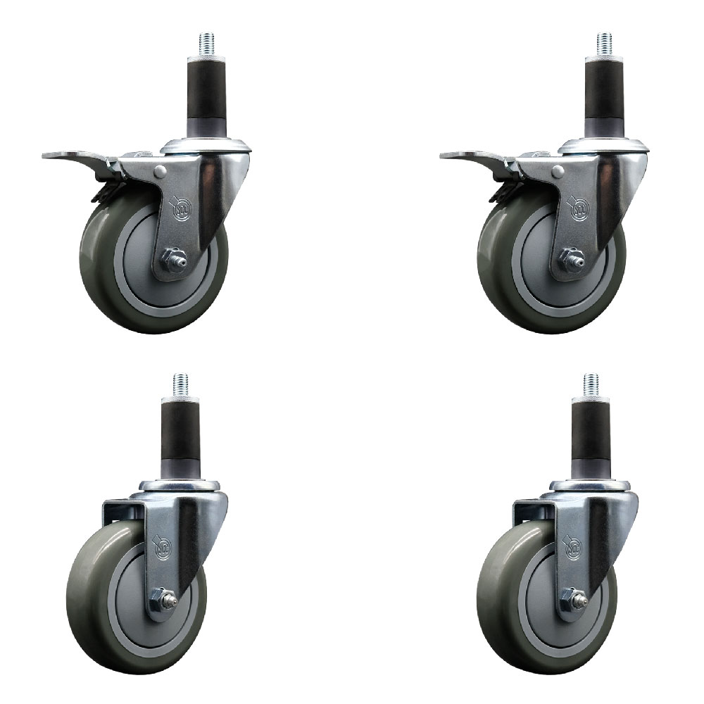 Stainless Steel Polyurethane Swivel Expanding Stem Caster Set of 4 with 4 Inch Gray Wheels and 1-1/4" Stems - Includes 2 with Total Locking Brakes - 1400 lbs Total Capacity - Service Caster Brand — photo 1