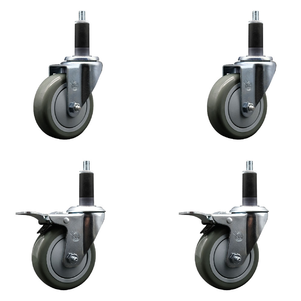 Stainless Steel Polyurethane Swivel Expanding Stem Caster Set of 4 with 4 Inch Gray Wheels and 1-1/8" Stems - Includes 2 with Total Locking Brakes - 1400 lbs Total Capacity - Service Caster Brand — photo 1
