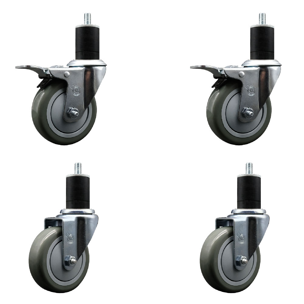 Stainless Steel Polyurethane Swivel Expanding Stem Caster Set of 4 with 4 Inch Gray Wheels and 1-3/4" Stems - Includes 2 with Total Locking Brakes - 1400 lbs Total Capacity - Service Caster Brand — photo 1