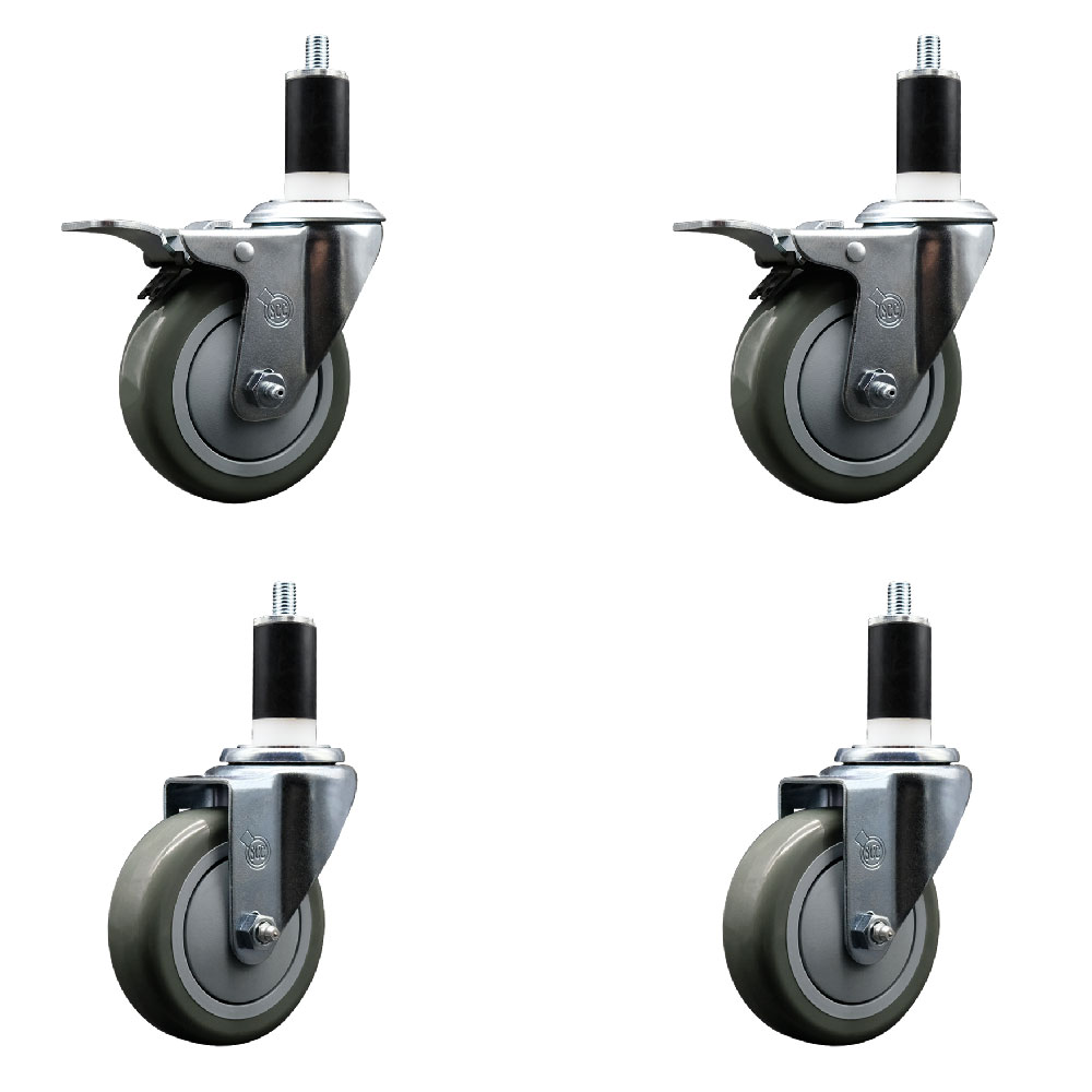 Stainless Steel Polyurethane Swivel Expanding Stem Caster Set of 4 with 4 Inch Gray Wheels and 1-3/8" Stems - Includes 2 with Total Locking Brakes - 1400 lbs Total Capacity - Service Caster Brand — photo 1