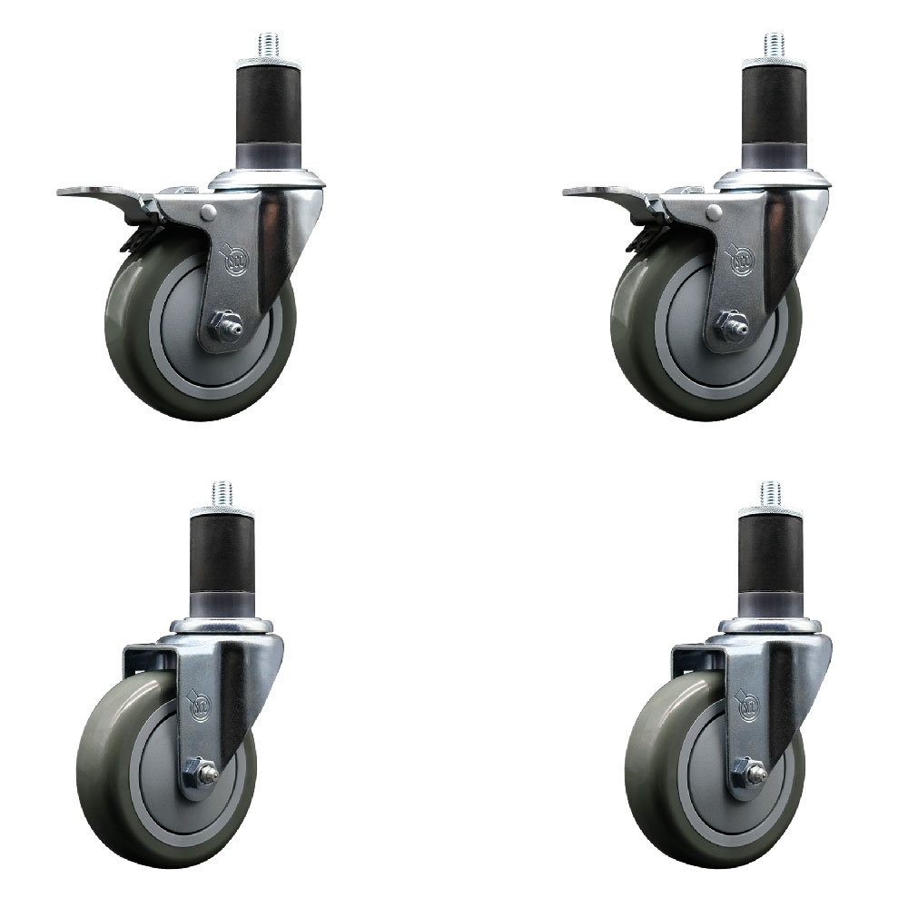 Polyurethane Swivel Expanding Stem Caster Set of 4 with 4 Inch Gray Wheels and 1-5/8" Stems - Includes 2 with Total Locking Brakes - 1400 lbs Total Capacity - Service Caster Brand — photo 1